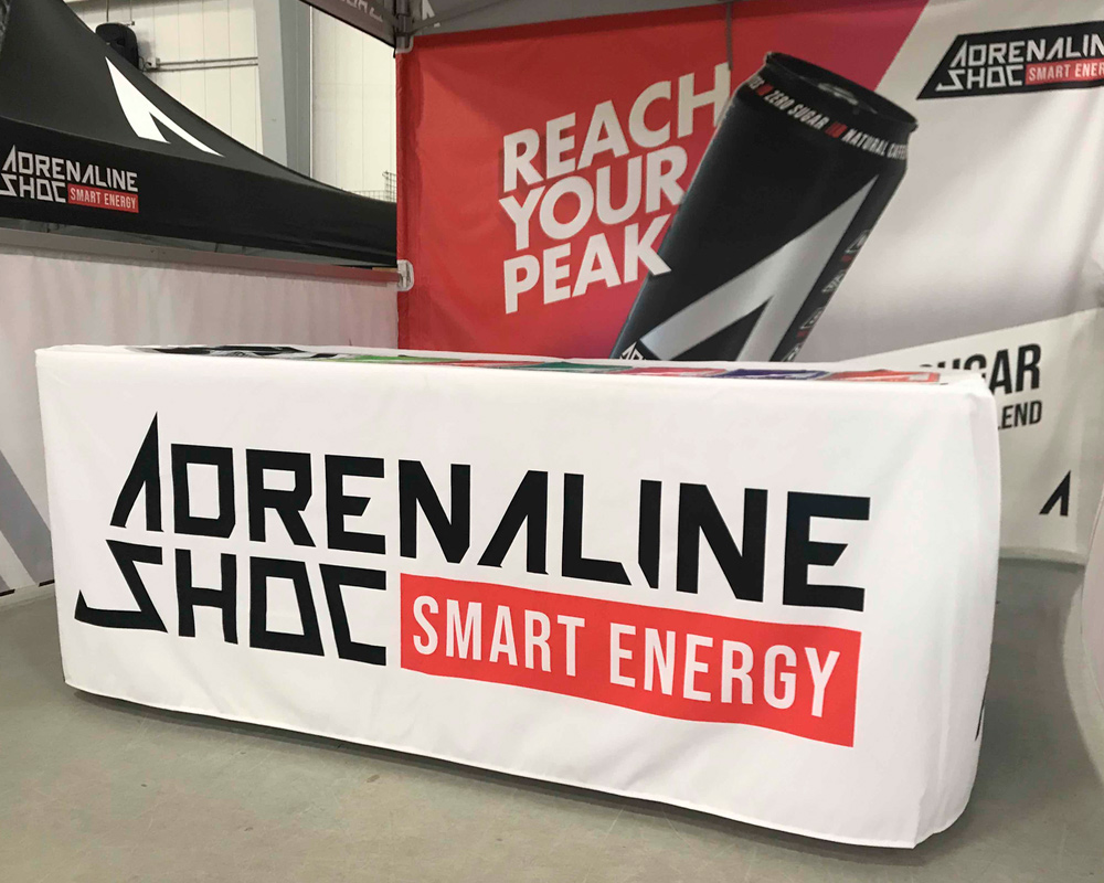 Example of a custom printed table cover for Adrenaline Shoc energy drink