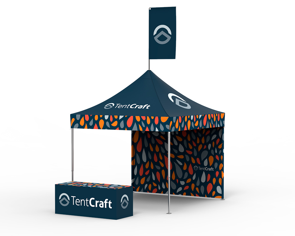 rendering of 10x10 tent with table cover and back wall