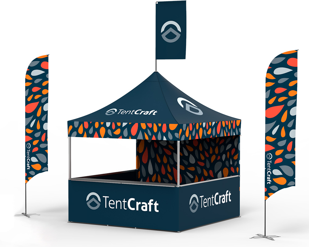 rendering of 10x10 tent with printed canopy, flags and walls and counters