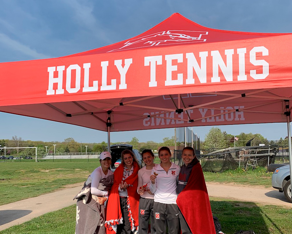 example of UV printing on 10x10 pop up tent canopy for the Holly tennis team
