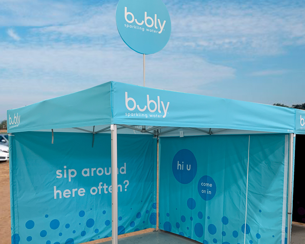 10x10 pop up tent with flat roof customized for bubly experiential program" class="img-fluid customize__img